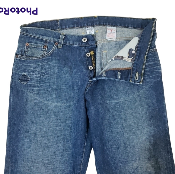 Lucky Brand~Men’s Size 36×30~Blue Denim Slim Bootleg Dungaress Jeans Distressed - Picture 4 of 11